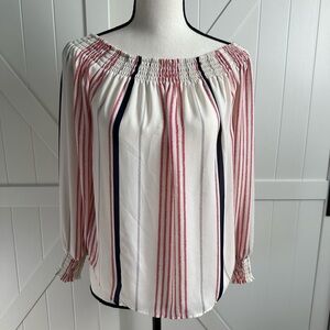 Express Off Shoulder Striped Blouse Size Small Red Navy Cream Boho Peasant Top